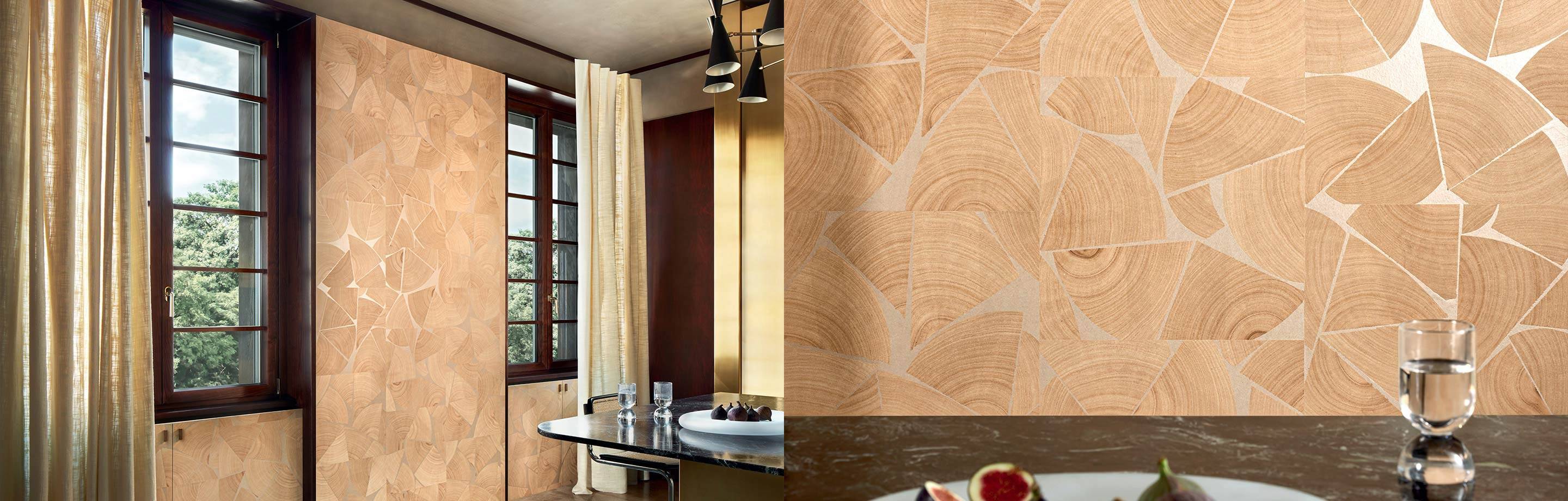 Elitis Dryades RM 428 70. Walnut burl wood composite wallpaper